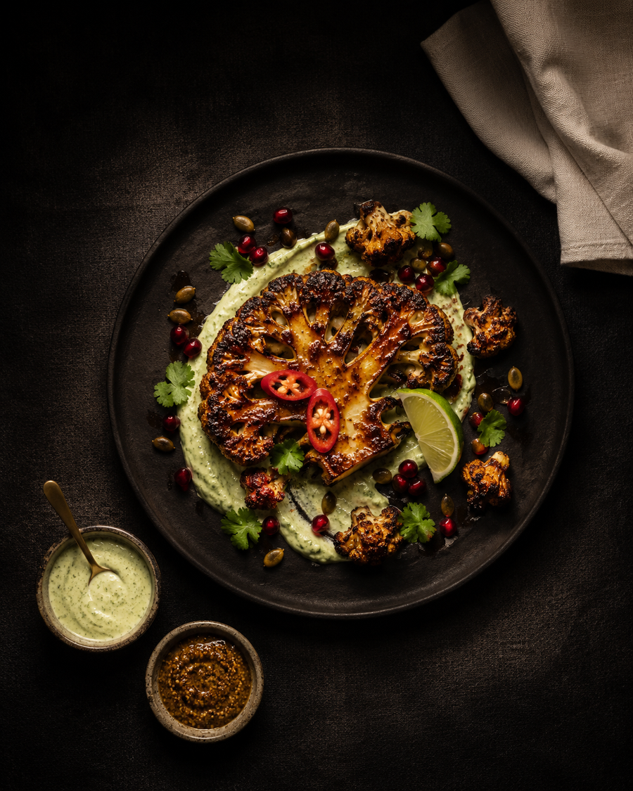 Jerk-Roasted Cauliflower Steaks with Lime Crema