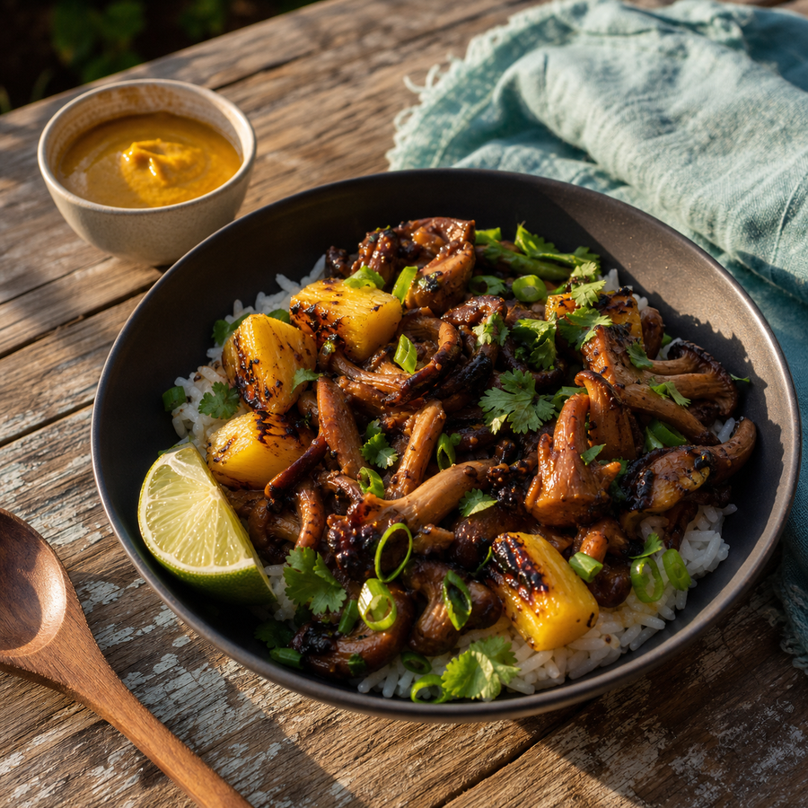 Jamaican Jerk Mushroom Rice Bowls with Jamaican Jerk Mustard