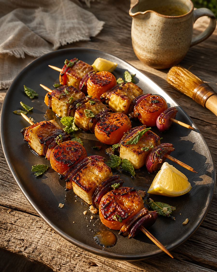 Smoked Honey Halloumi and Apricot Skewers with Smoked Honey Mustard