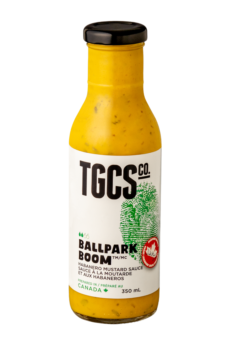 Bottle of TGCS Ballpark Boom hot mustard sauce.