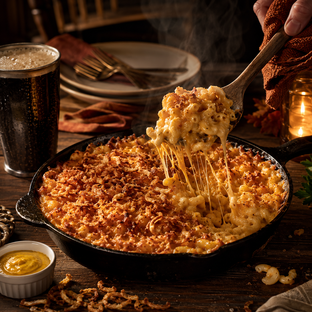 Oktoberfest Mac & Cheese with Crispy Onions