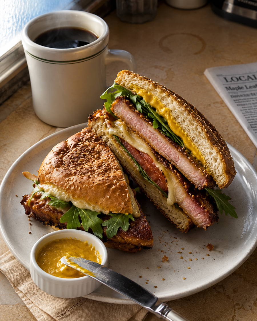 Peameal Bacon Sandwich with Oktoberfest Mustard