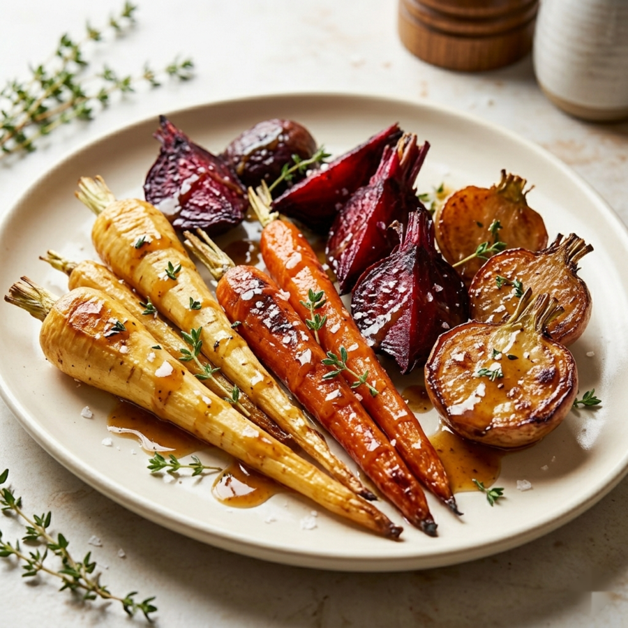 Roasted Root Vegetables with Smoked Honey Horseradish Vinaigrette