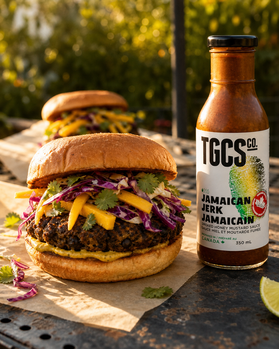 Jamaican Jerk Black Bean Burgers with Mango Slaw with Jamaican Jerk Mustard