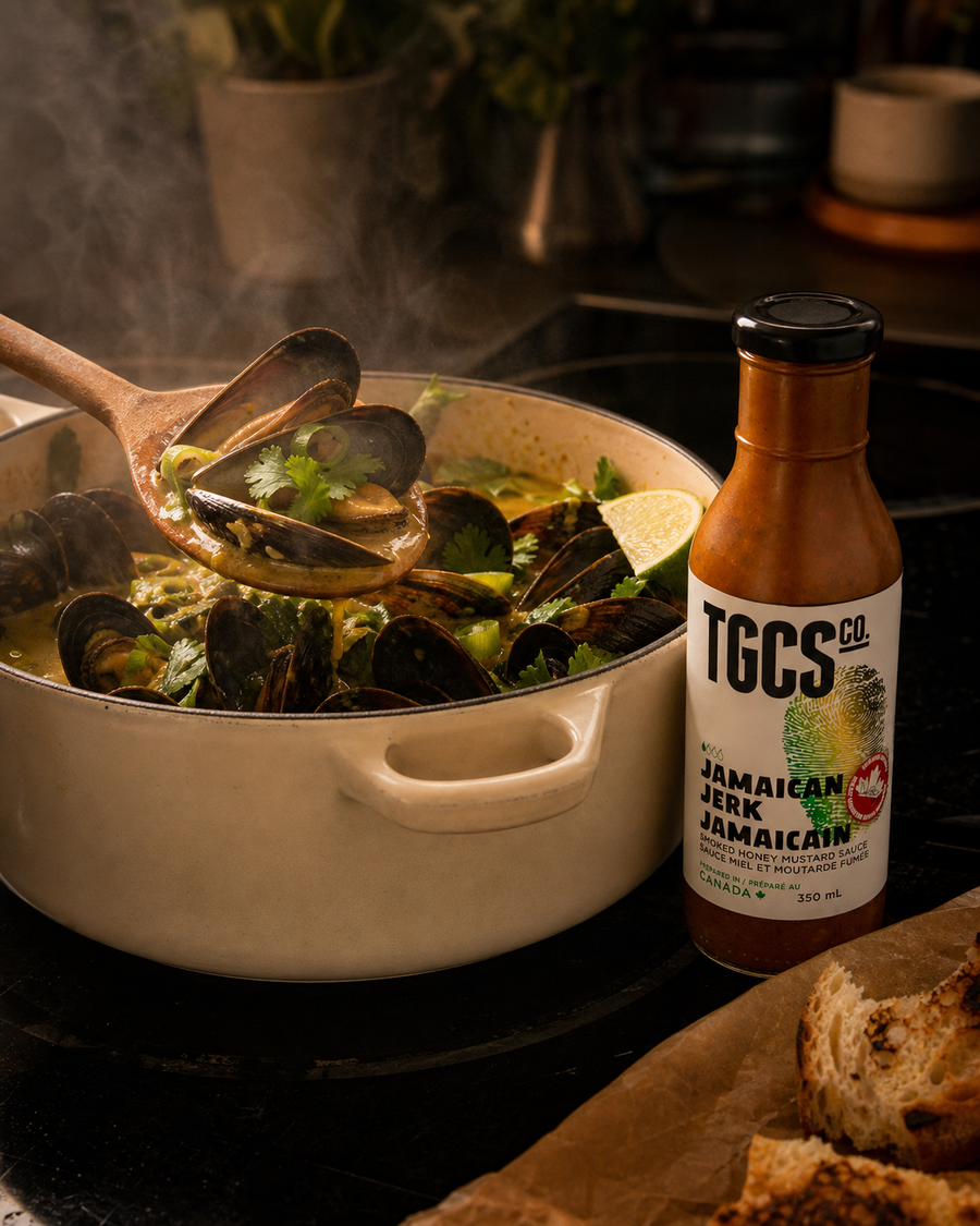 Jamaican Jerk Coconut Mussels with Jamaican Jerk Mustard