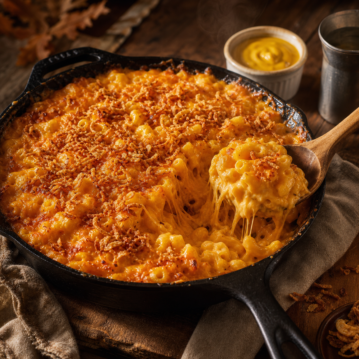 Oktoberfest Mac & Cheese with Crispy Onions with Oktoberfest Mustard