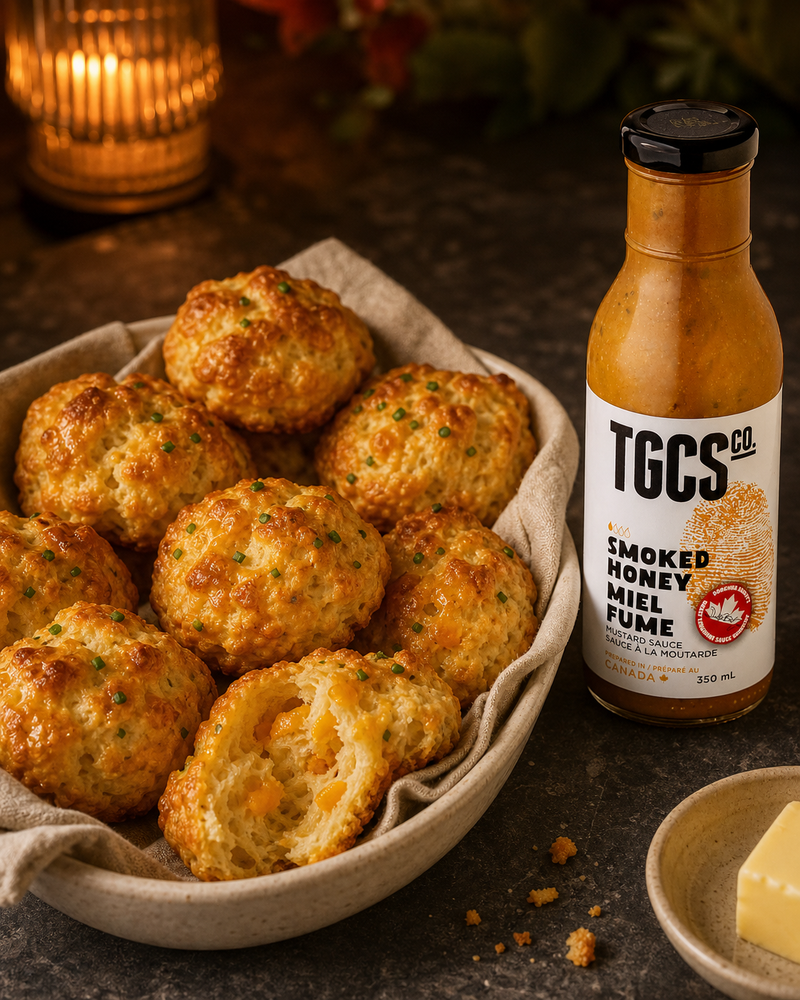 Smoked Honey Cheddar Drop Biscuits with Smoked Honey Mustard