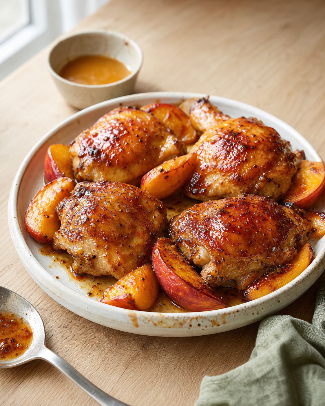 Smoked Honey Chicken Thighs with Peaches with Smoked Honey Mustard