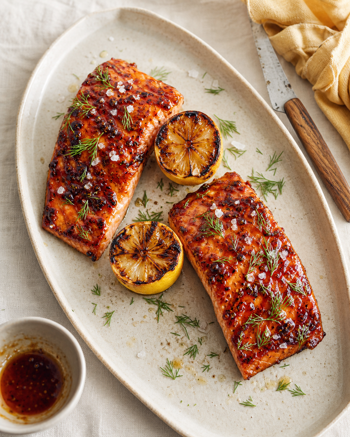 Smoked Honey Glazed Salmon with Charred Lemon with Smoked Honey Mustard