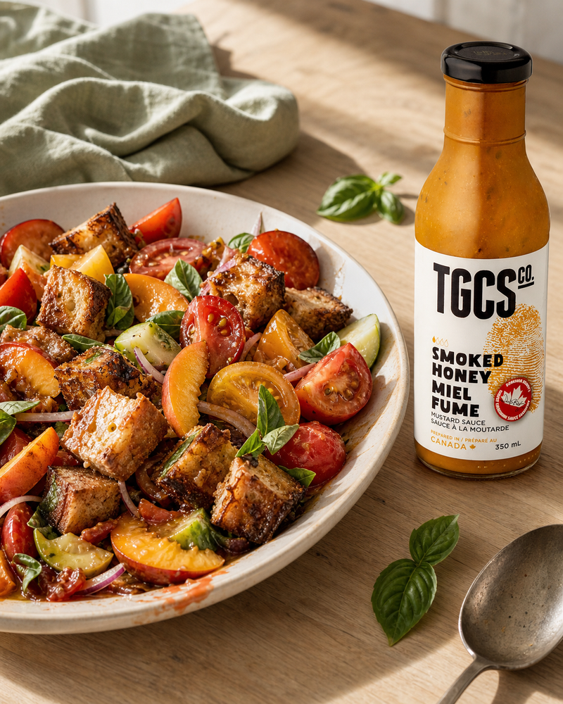Smoked Honey Tomato Peach Panzanella with Smoked Honey Mustard