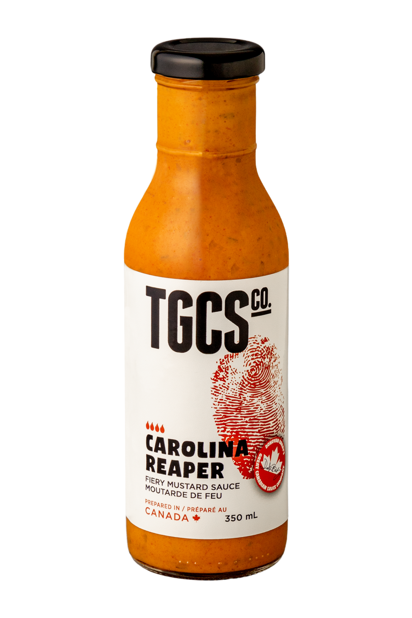 Bottle of TGCS Carolina Reaper hot sauce on a white background