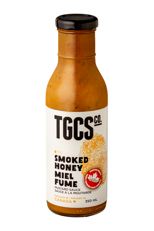 Bottle of TGCS Smoked Honey Mustard on a white background
